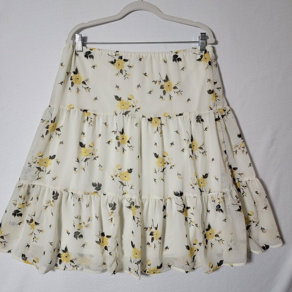 Society+Stitch Skirt Womens Sz L Elastic Waist Tiered Lined White Yellow Floral